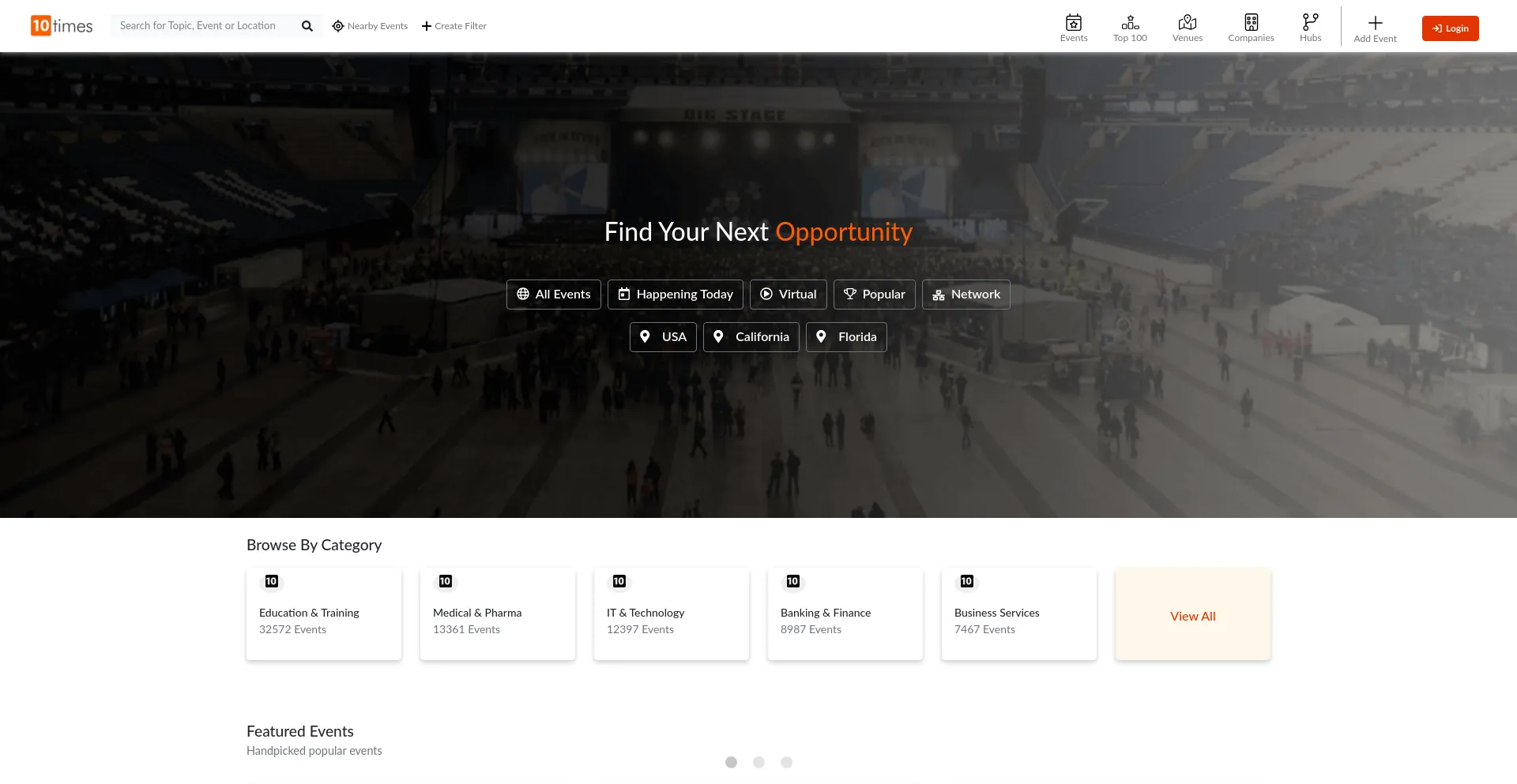 Screenshot of 10times.com homepage