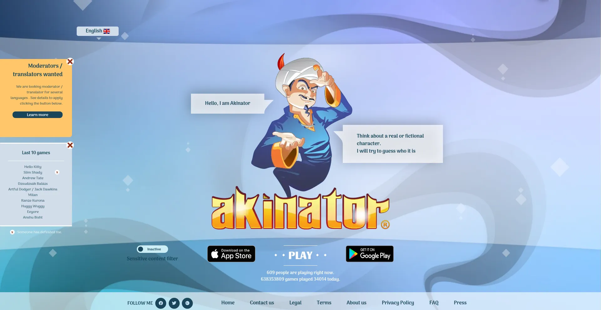 Screenshot of akinator.com homepage
