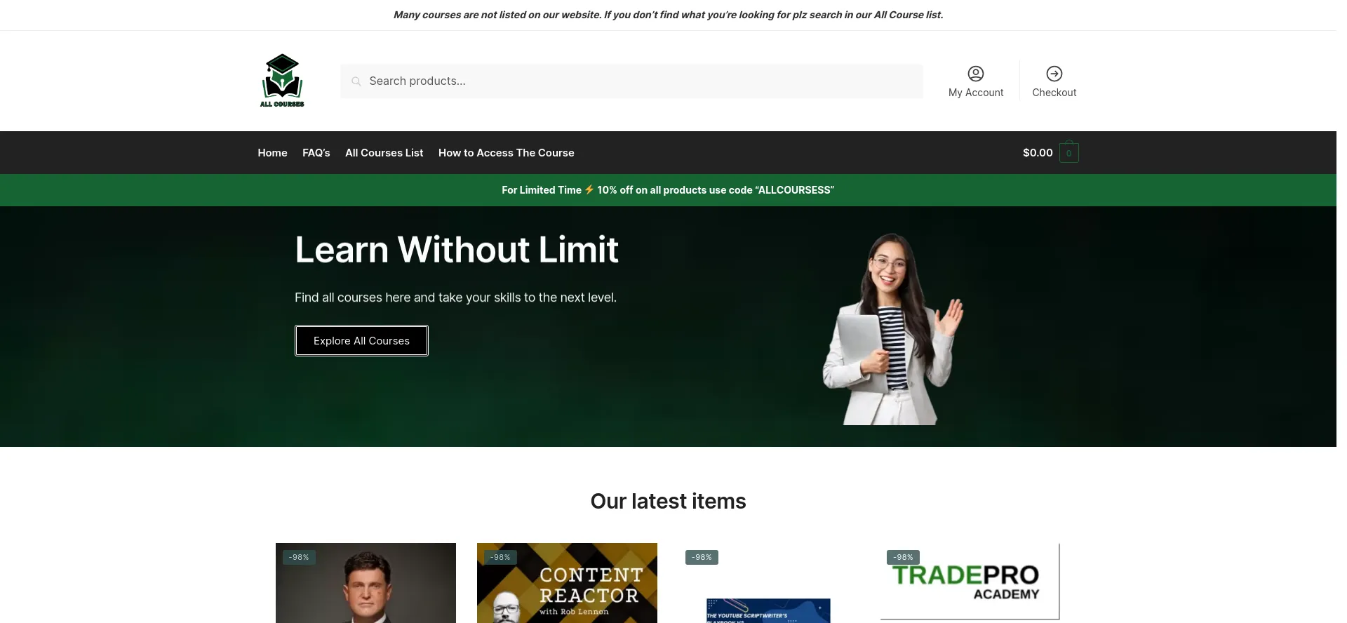 Screenshot of allcoursess.com homepage