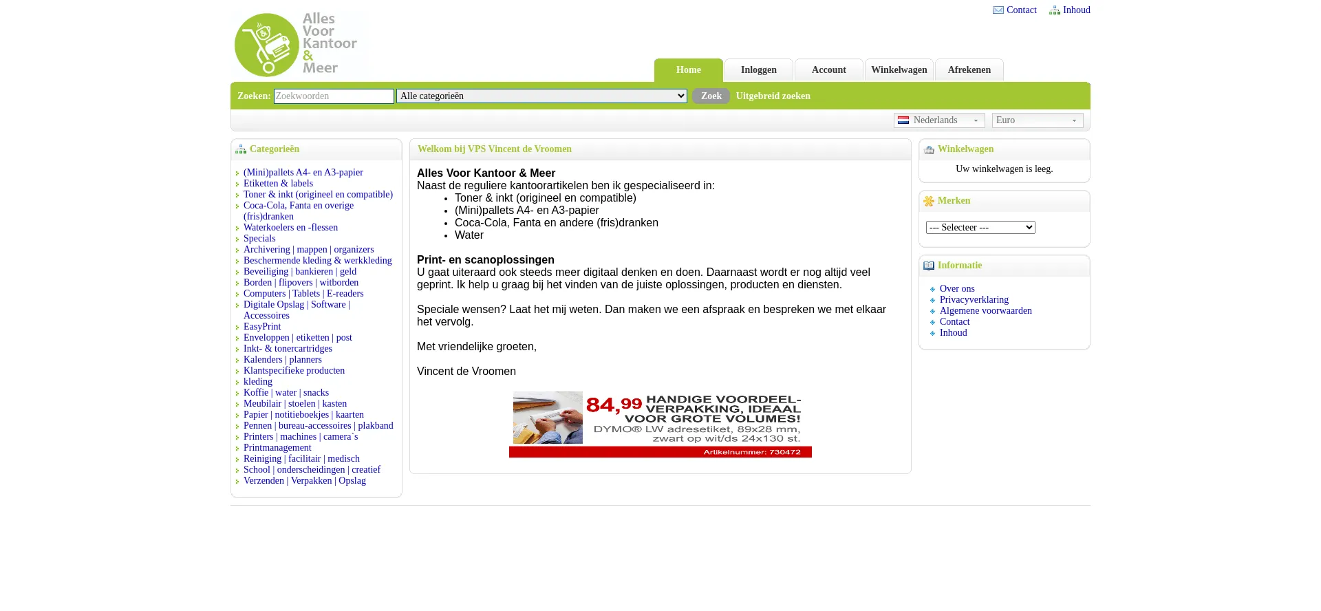 Screenshot of allesvoorkantoorenmagazijn.nl homepage