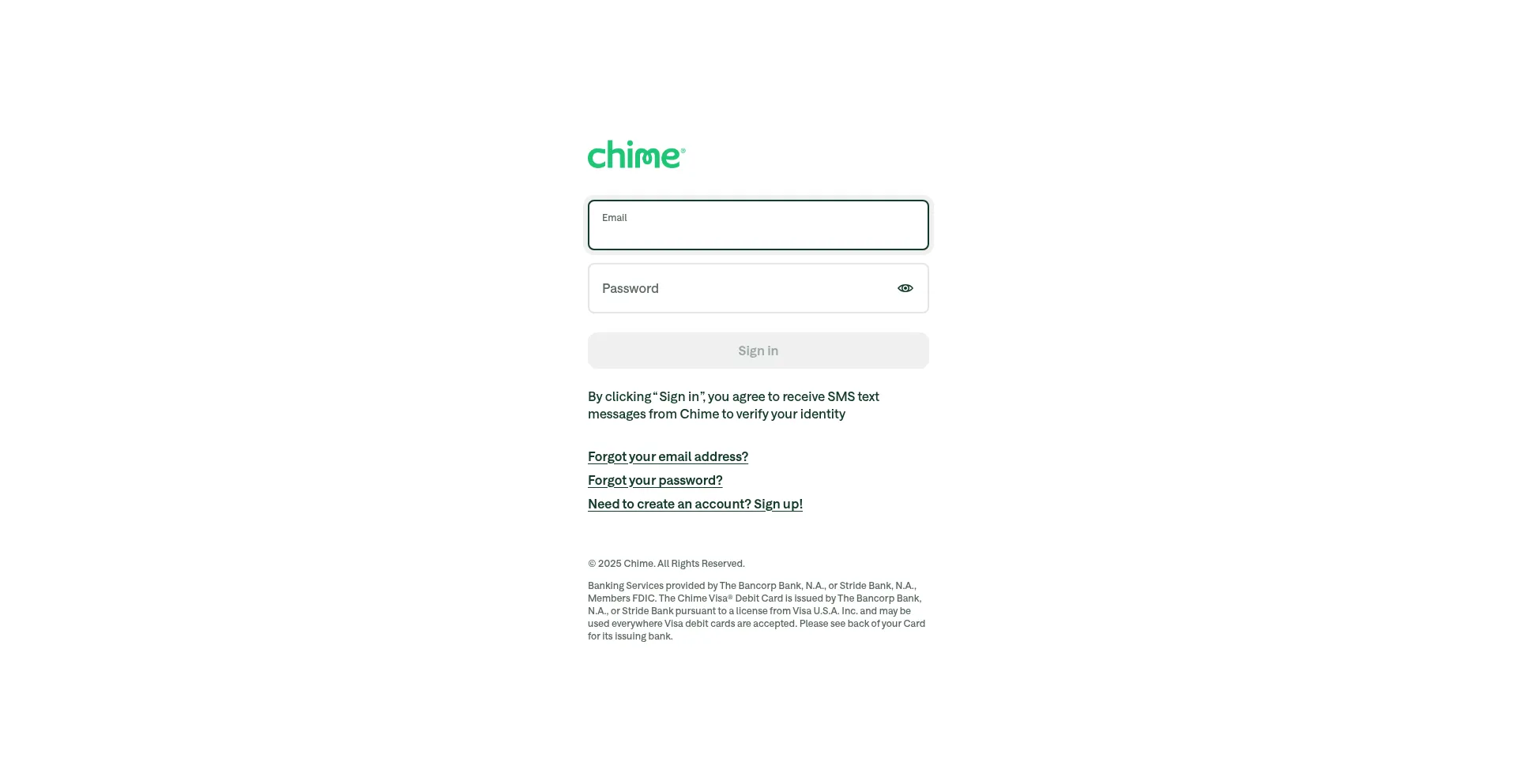 Screenshot of app.chime.com homepage