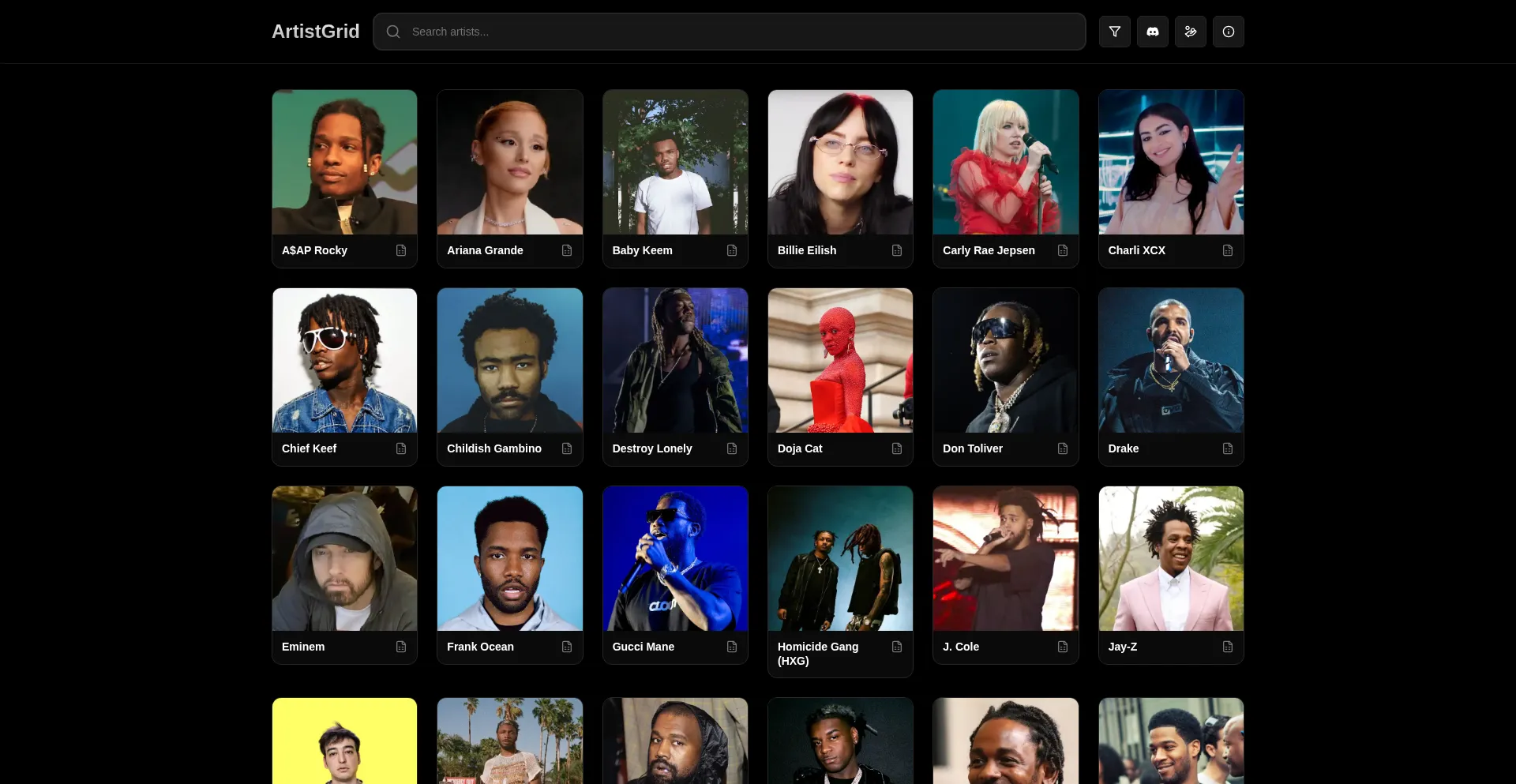 Screenshot of artistgrid.cx homepage