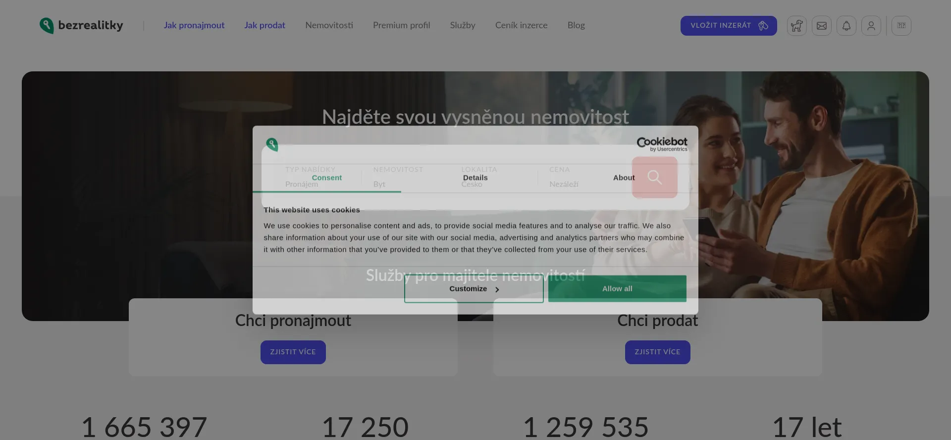Screenshot of bezrealitky.cz homepage