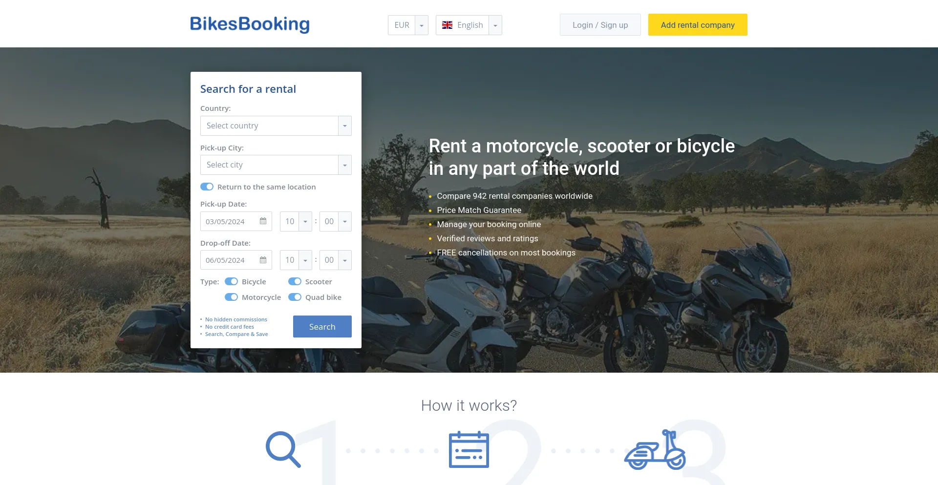 Screenshot of bikesbooking.com homepage