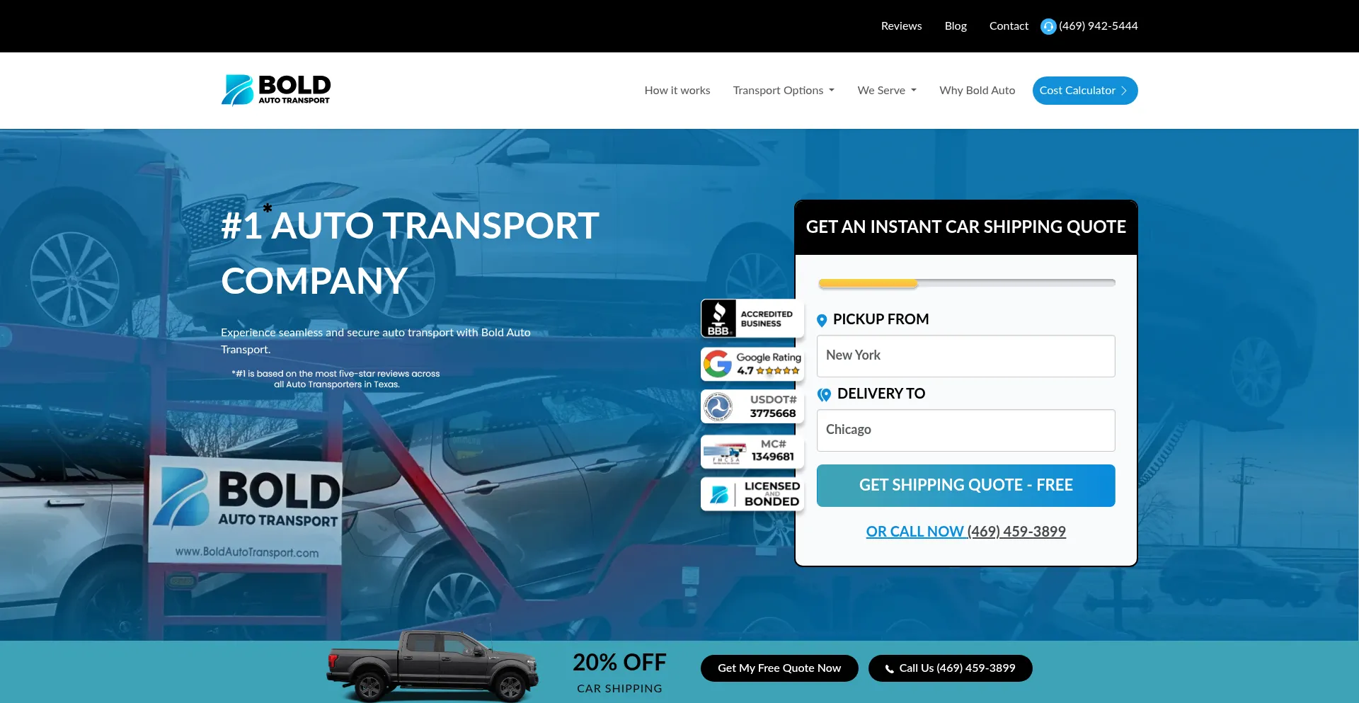 Screenshot of boldautotransport.com homepage