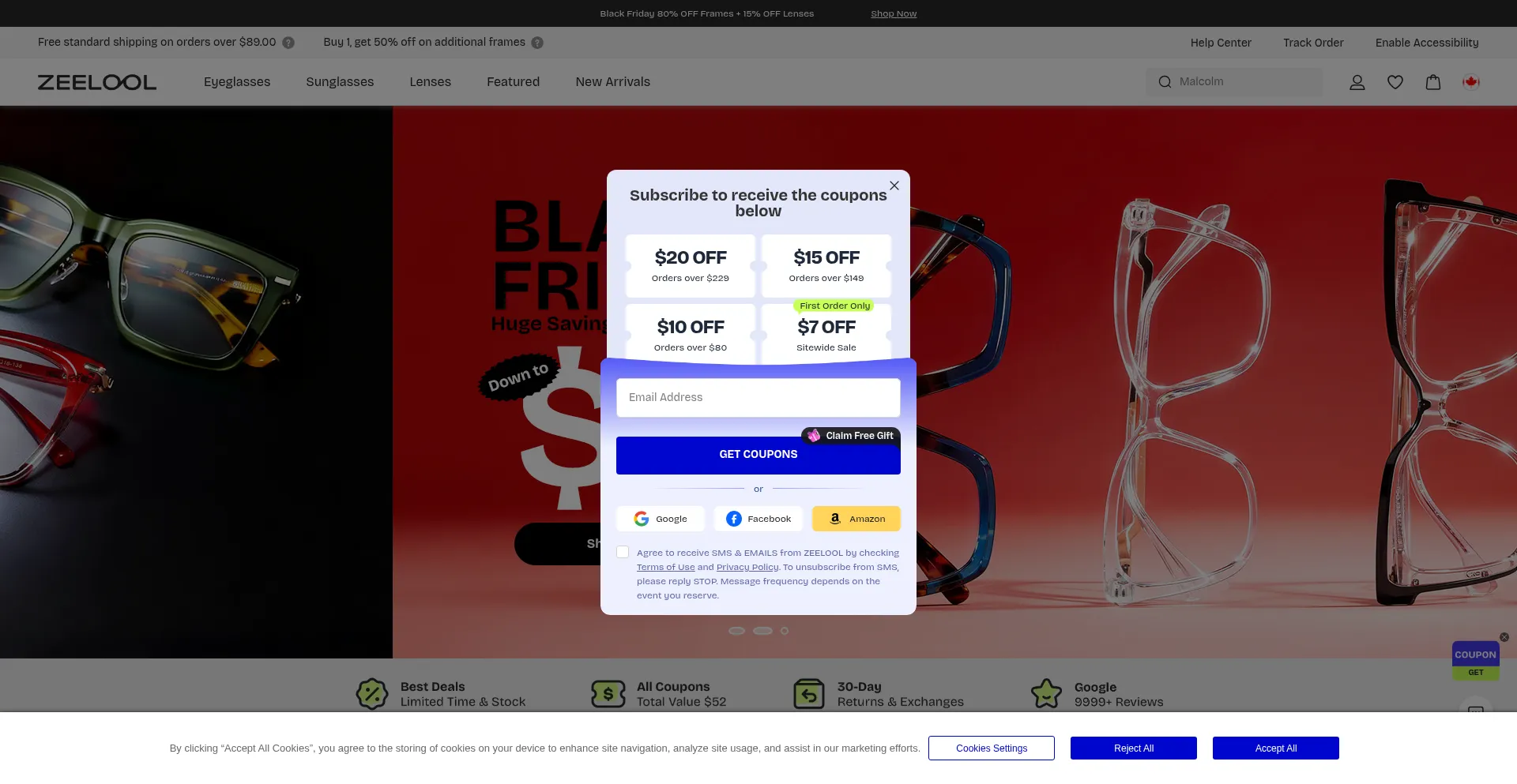 Screenshot of ca.zeelool.com homepage