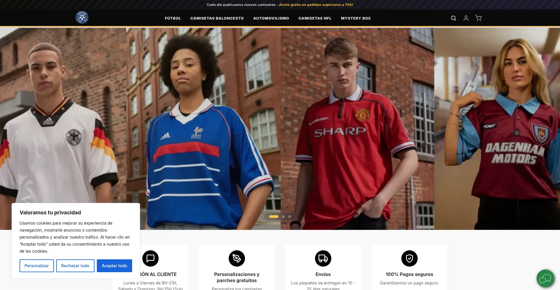 Screenshot of camisetasfutbolymas.com homepage