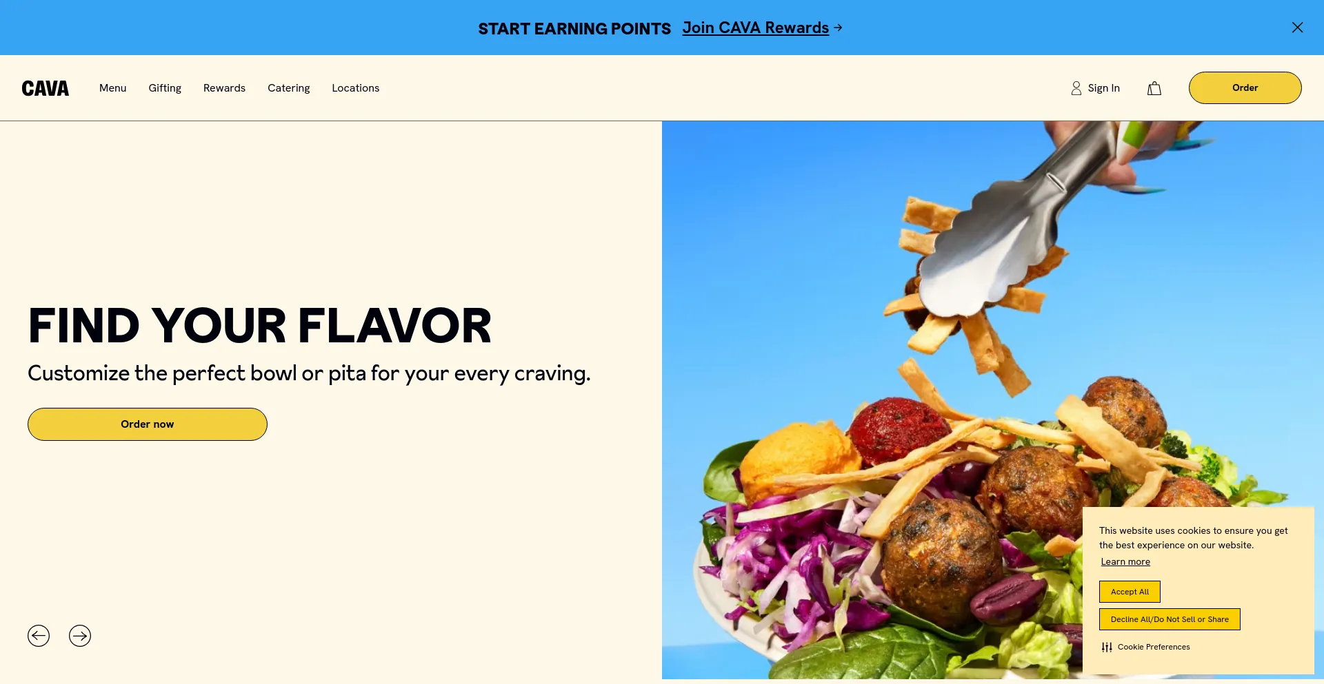 Screenshot of cava.com homepage