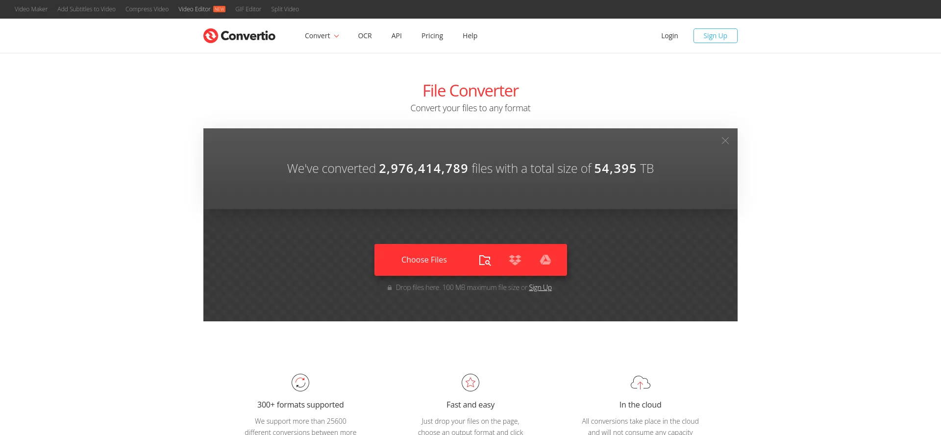 Screenshot of convertio.co homepage