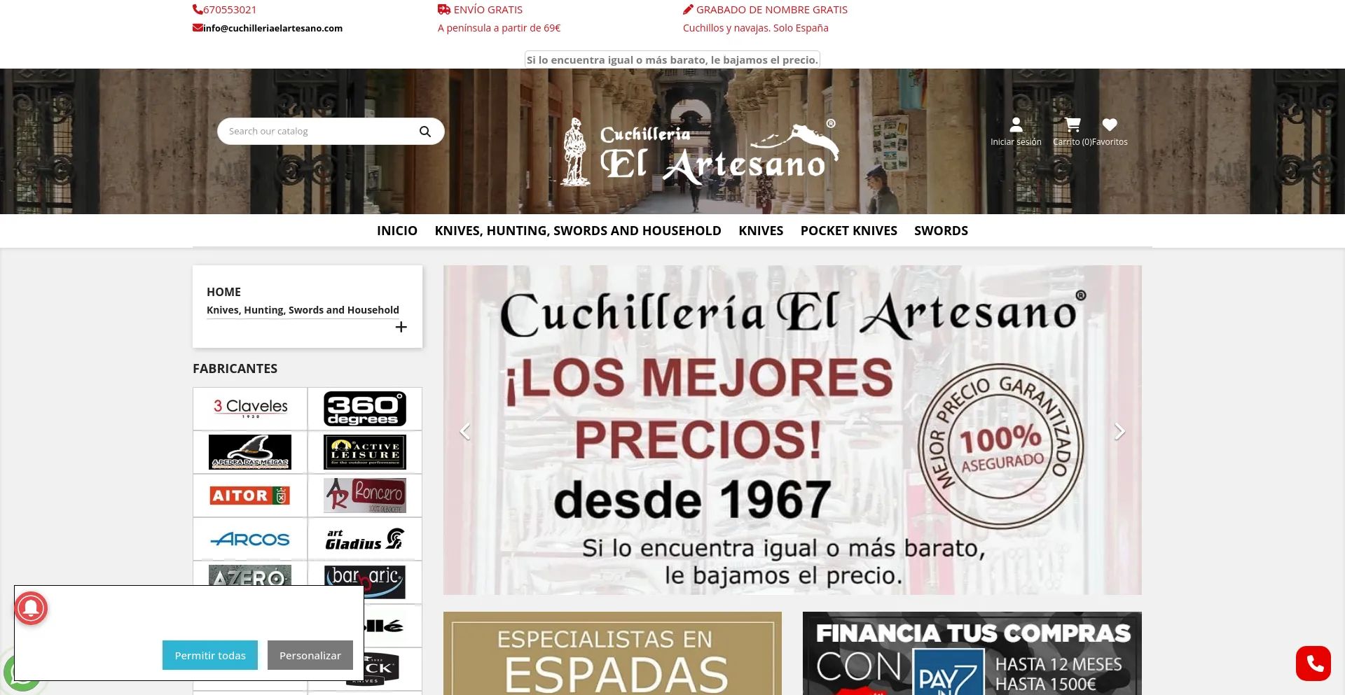 Screenshot of cuchilleriaelartesano.com homepage