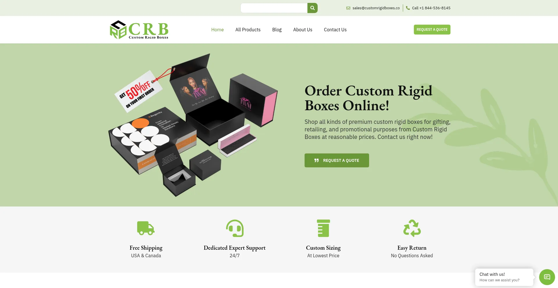 Screenshot of customrigidboxes.co homepage