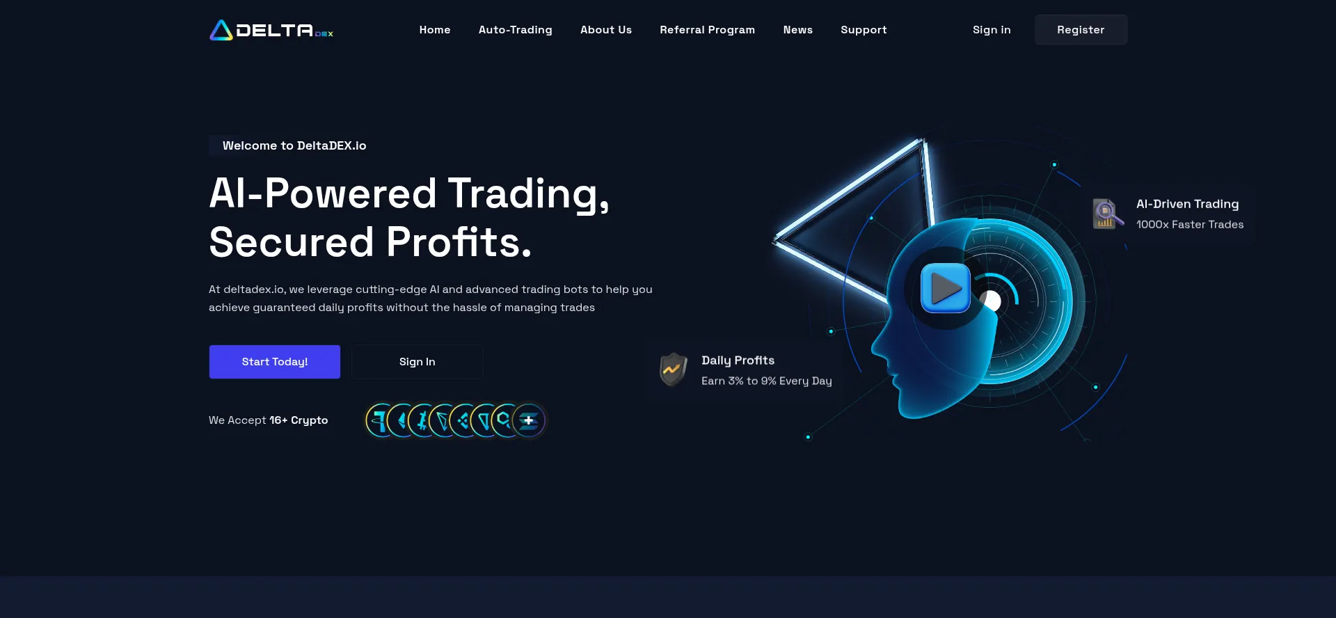 Screenshot of deltadex.io homepage