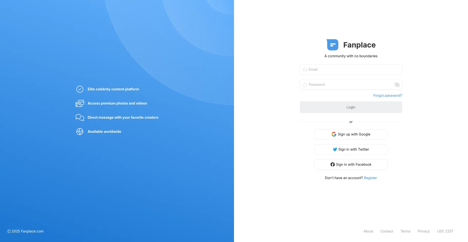 Screenshot of fanplace.com homepage