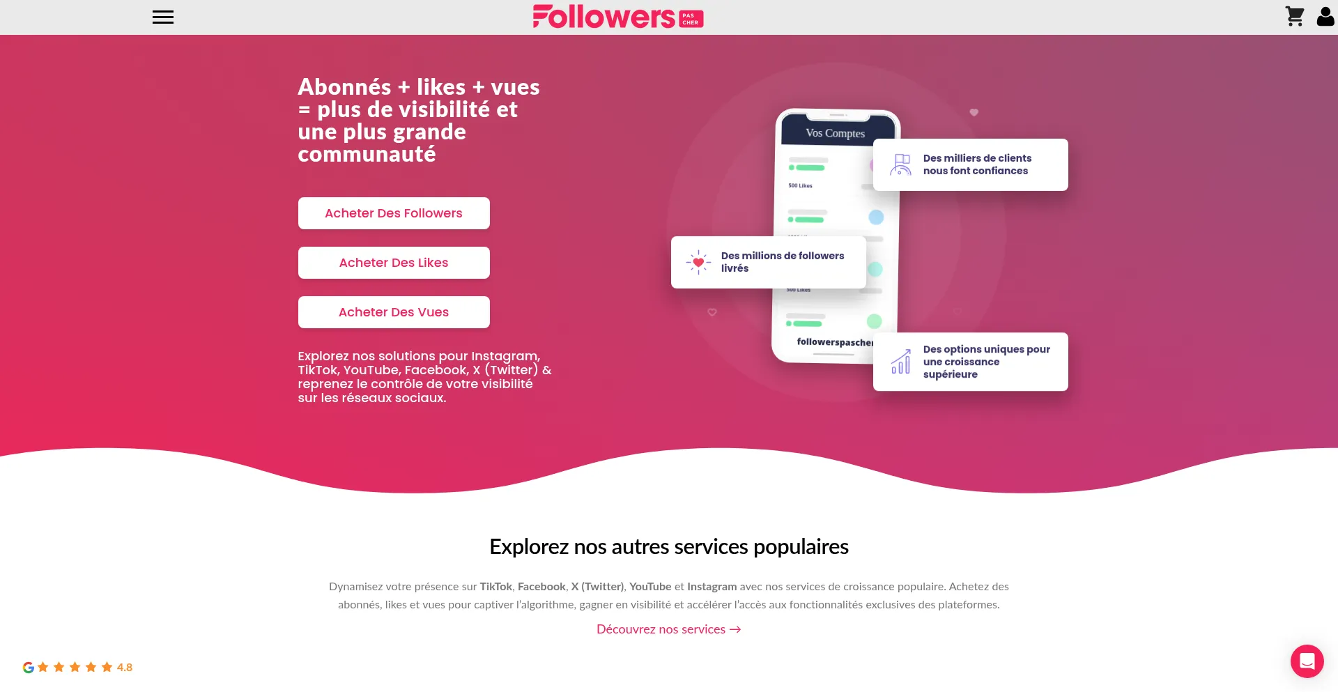Screenshot of followerspascher.com homepage