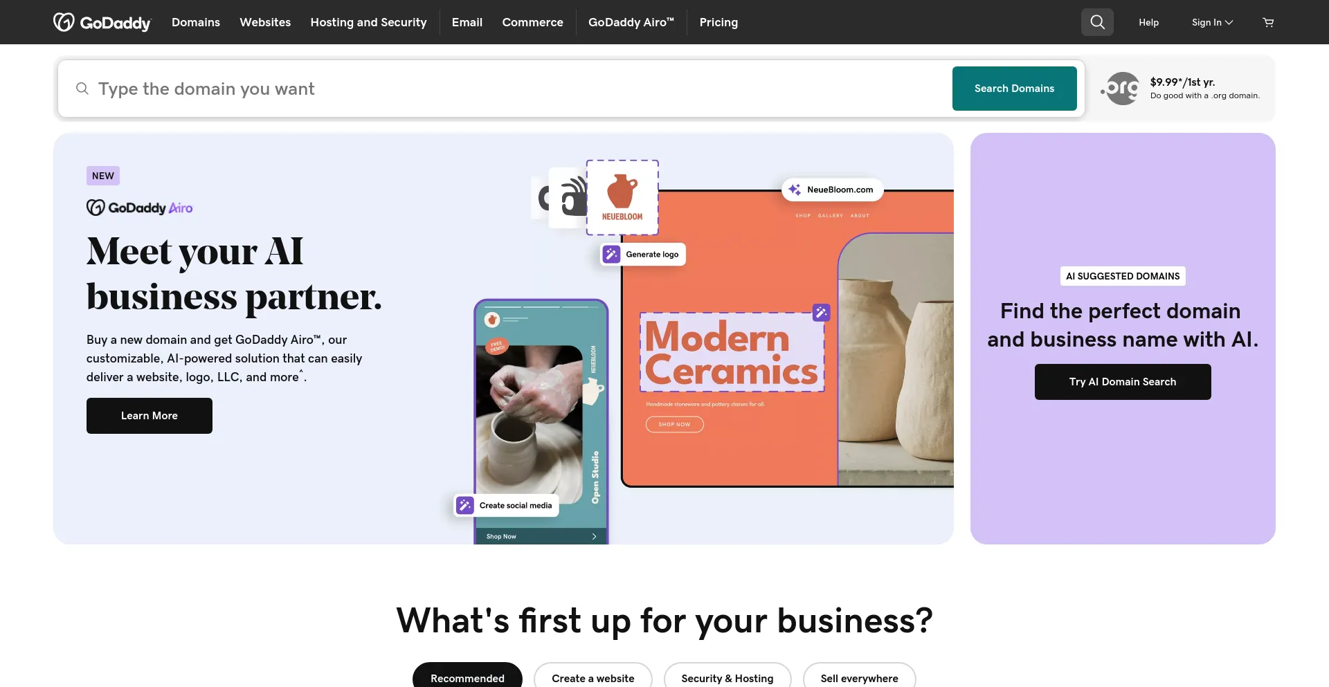 Screenshot of godaddy.com homepage