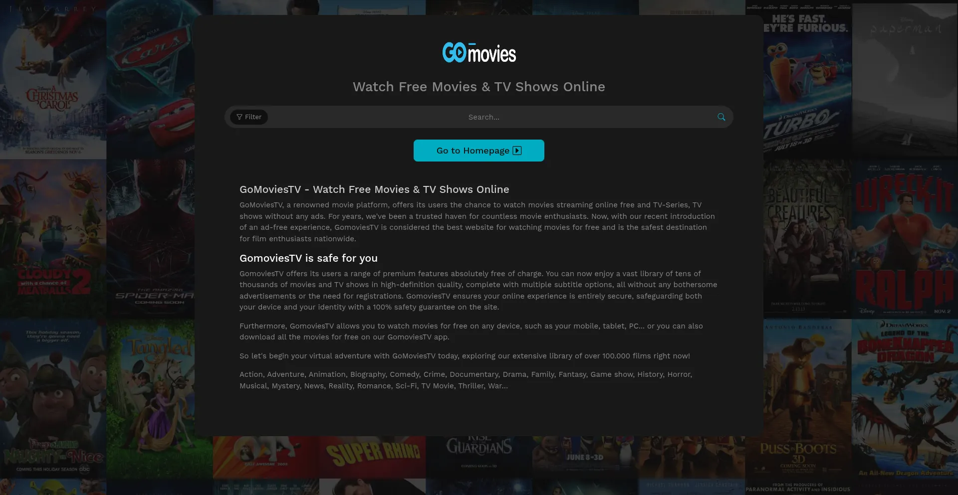Screenshot of gomoviestv.org homepage