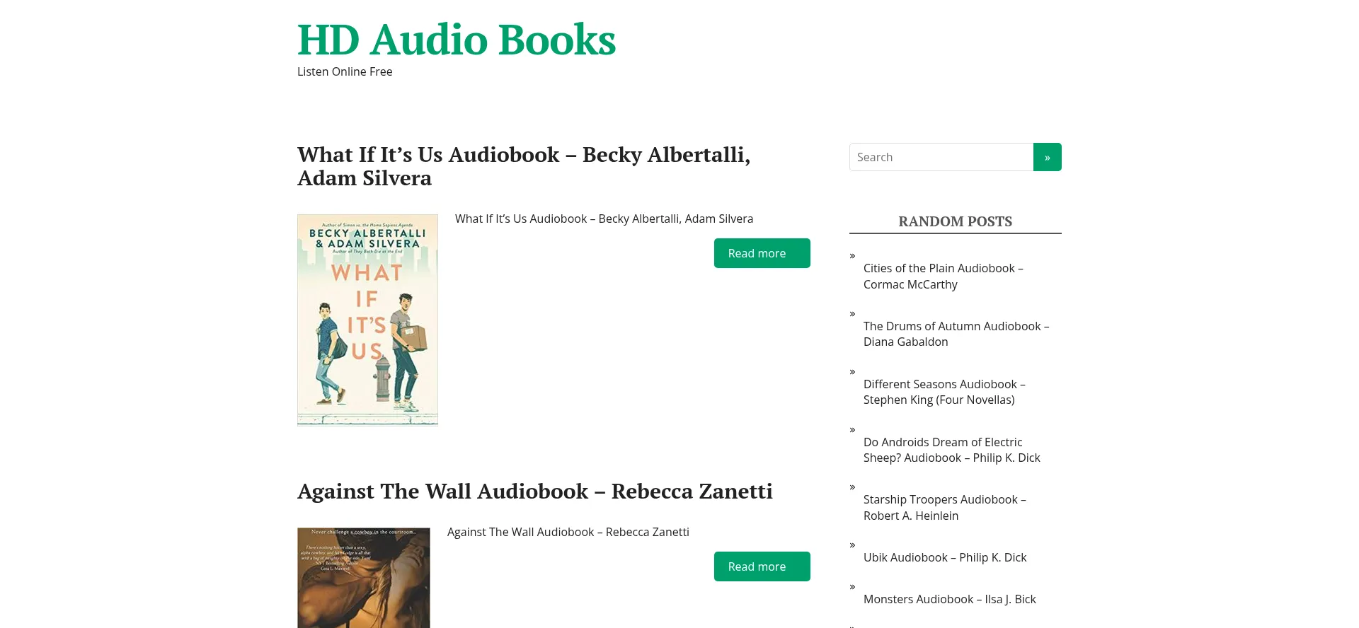 Screenshot of hdaudiobooks.net homepage
