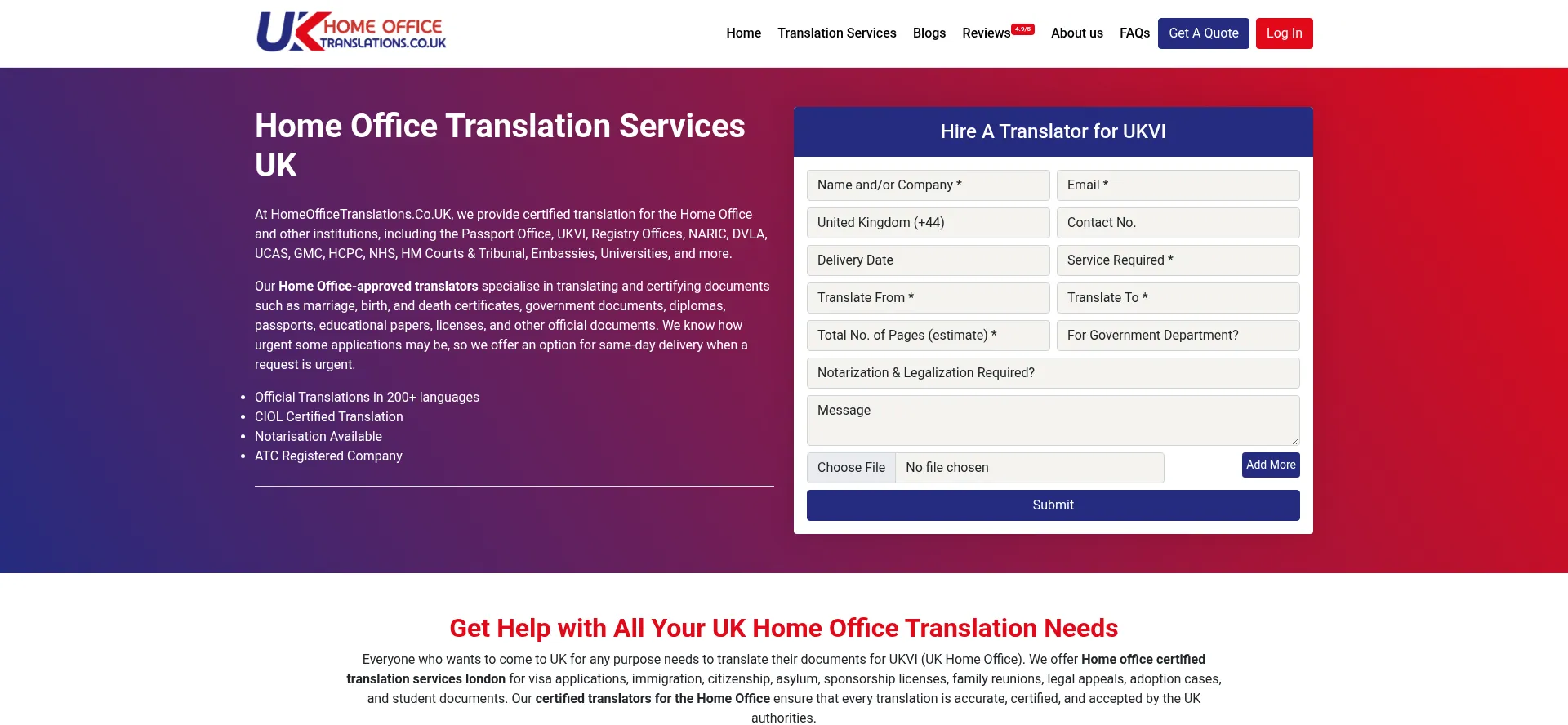 Screenshot of homeofficetranslations.co.uk homepage