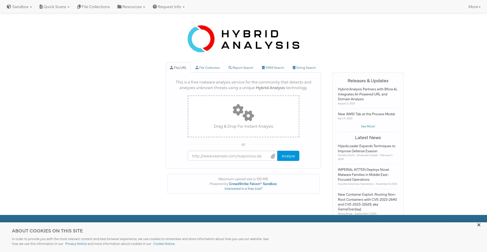 Screenshot of hybrid-analysis.com homepage