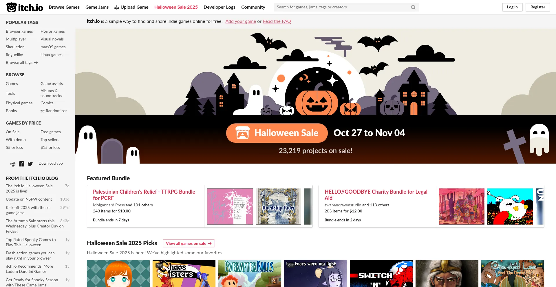 Screenshot of itch.io homepage