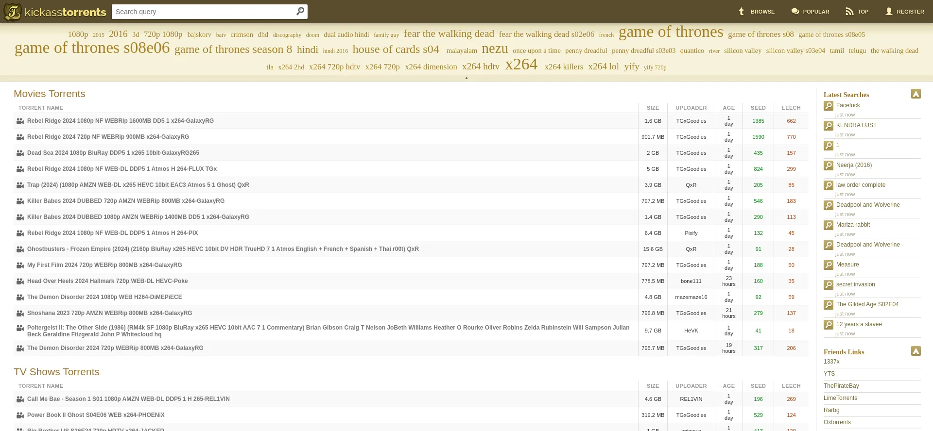 Screenshot of kickasstorrents.to homepage