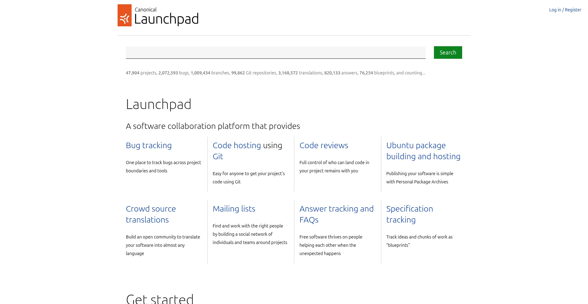 Screenshot of launchpad.net homepage