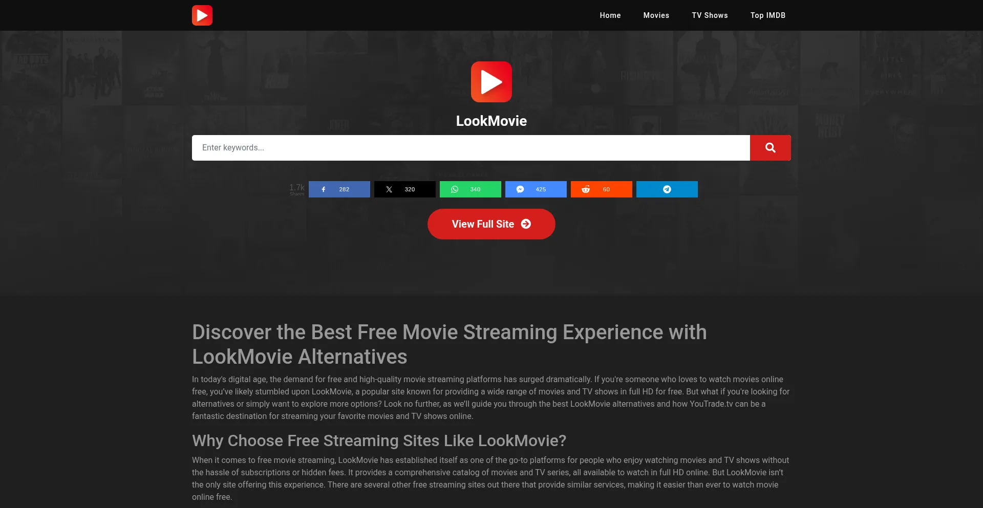 Screenshot of lookmovie.tube homepage