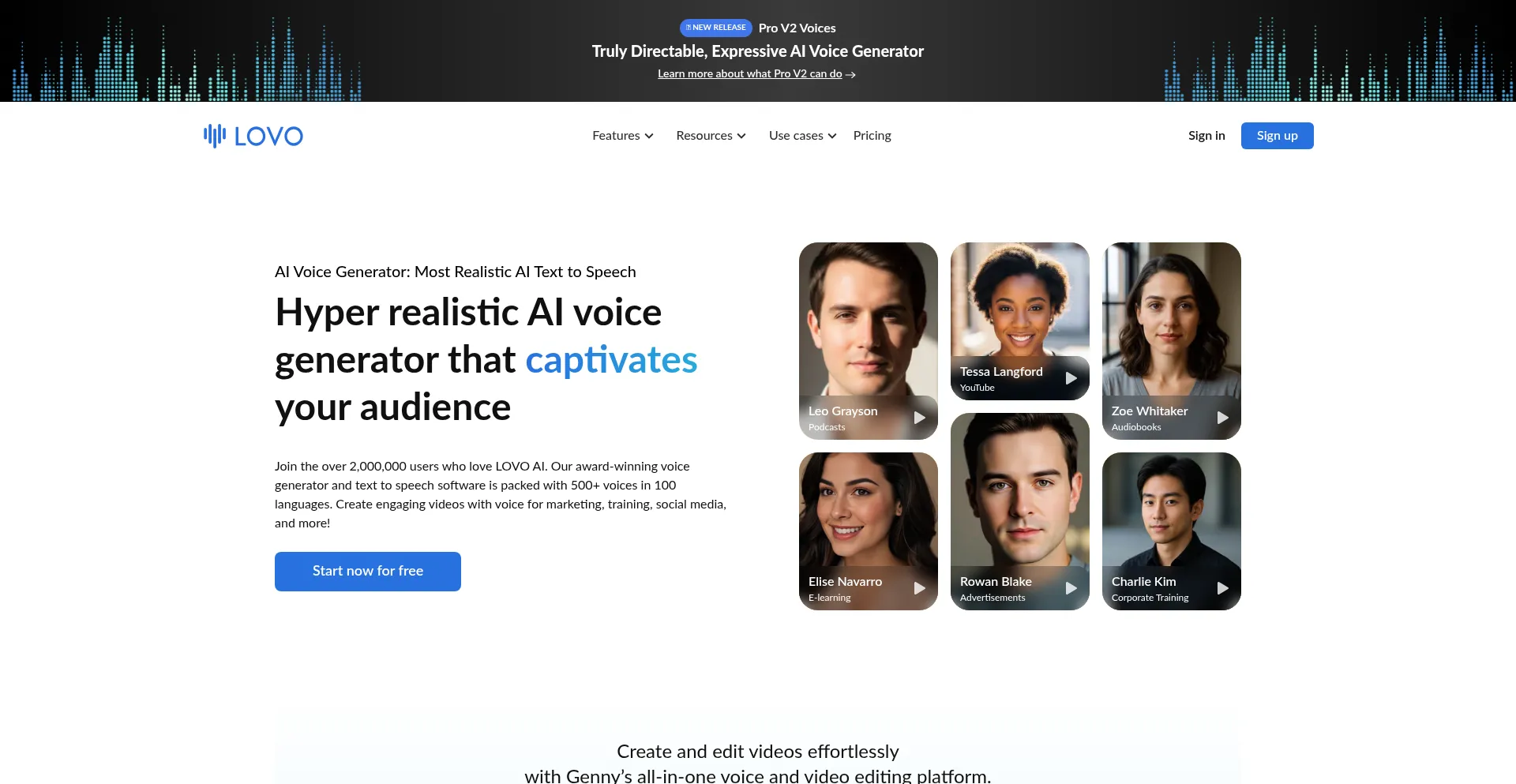 Screenshot of lovo.ai homepage
