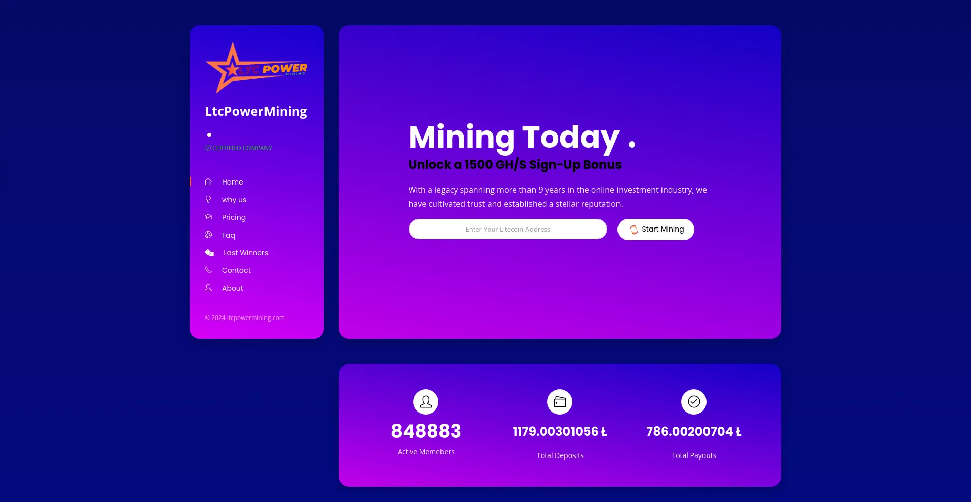 Screenshot of ltcpowermining.com homepage