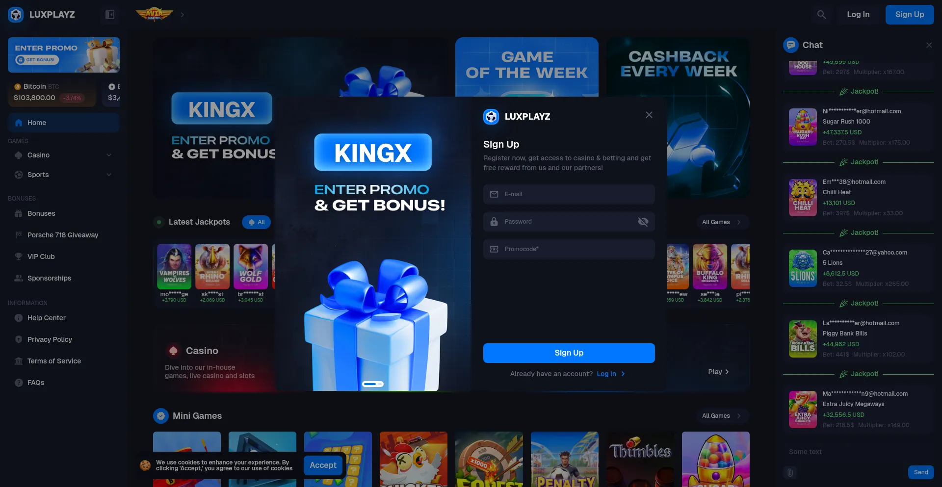 Screenshot of luxplayz.bet homepage