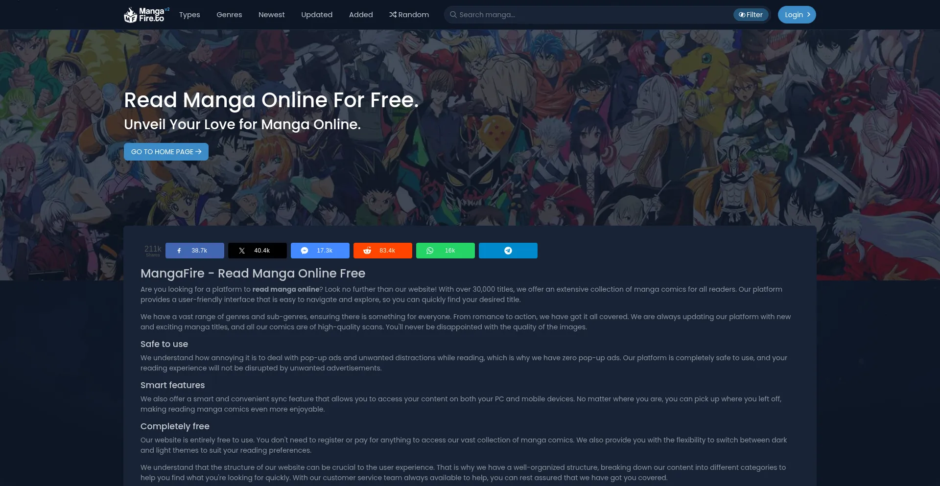 Screenshot of mangafire.to homepage