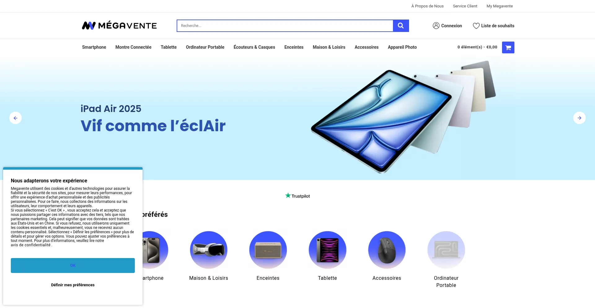 Screenshot of megavente.fr homepage