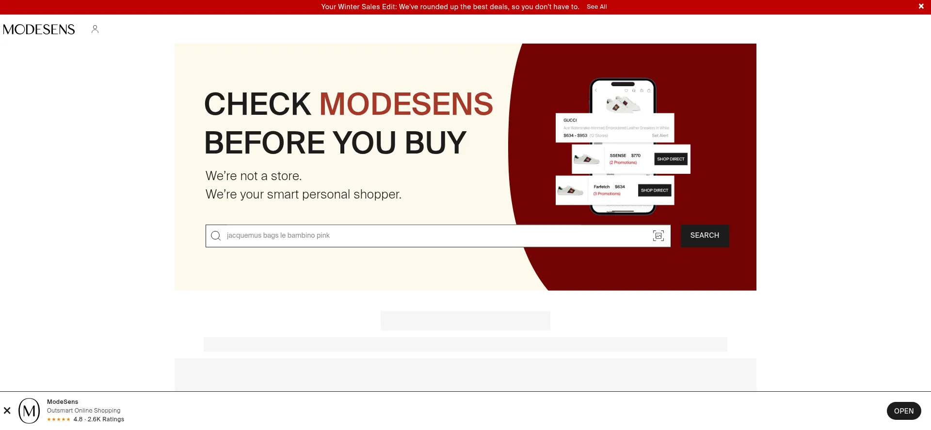 Screenshot of modesens.com homepage