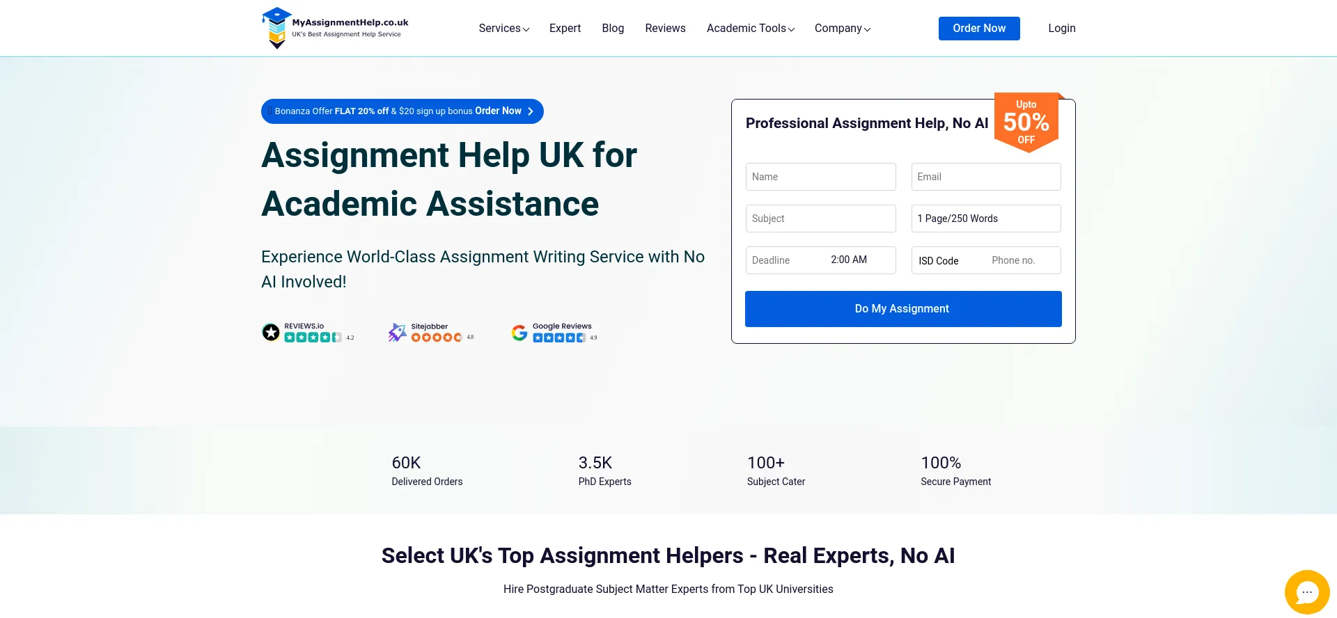 Screenshot of myassignmenthelp.co.uk homepage