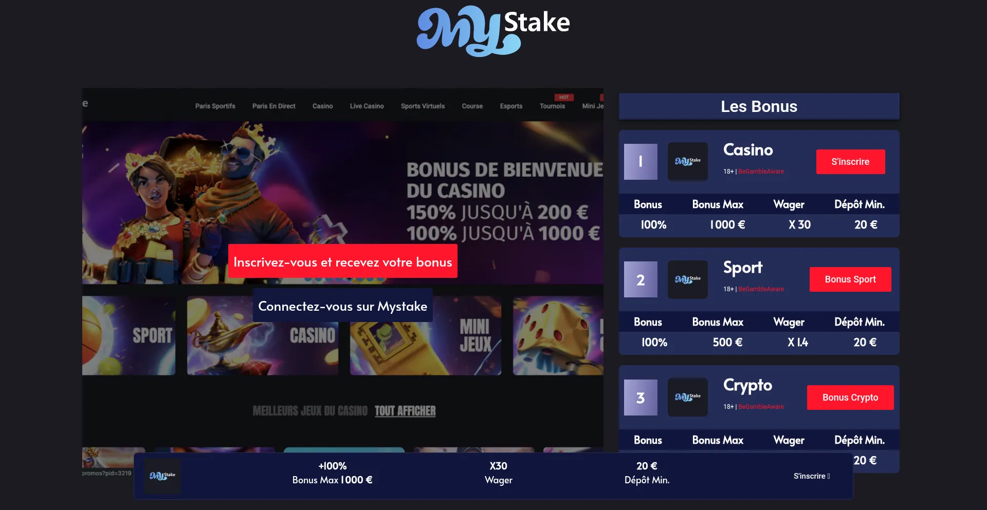 Screenshot of mystakes.fr homepage
