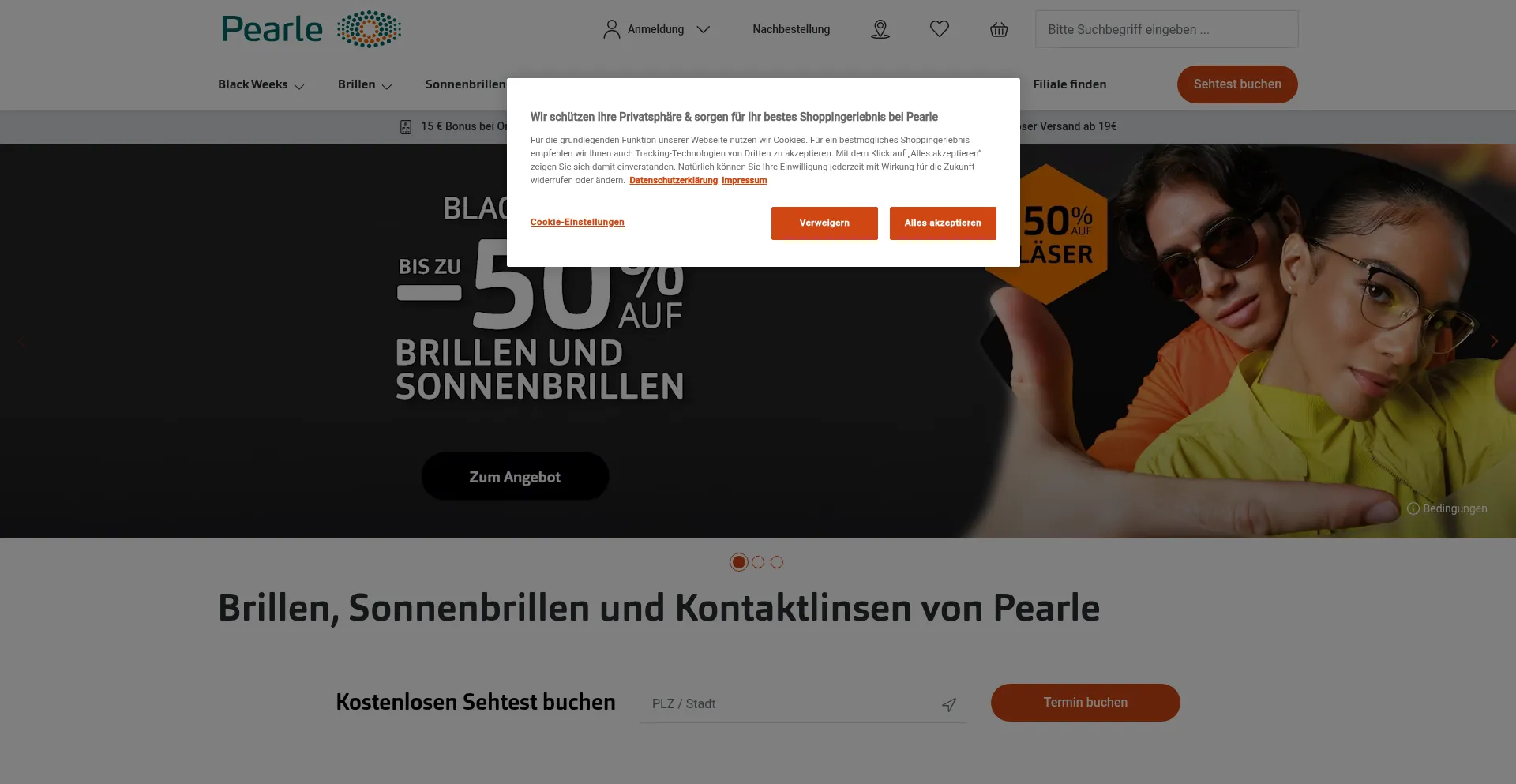 Screenshot of pearle.at homepage