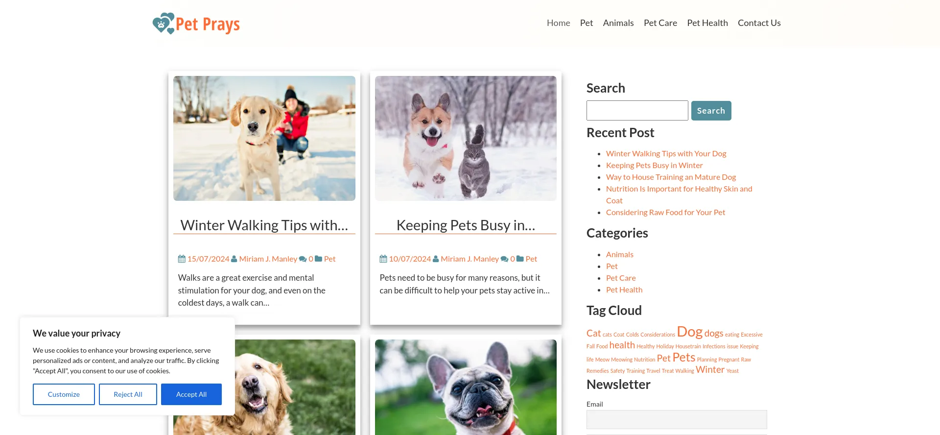 Screenshot of petprays.com homepage