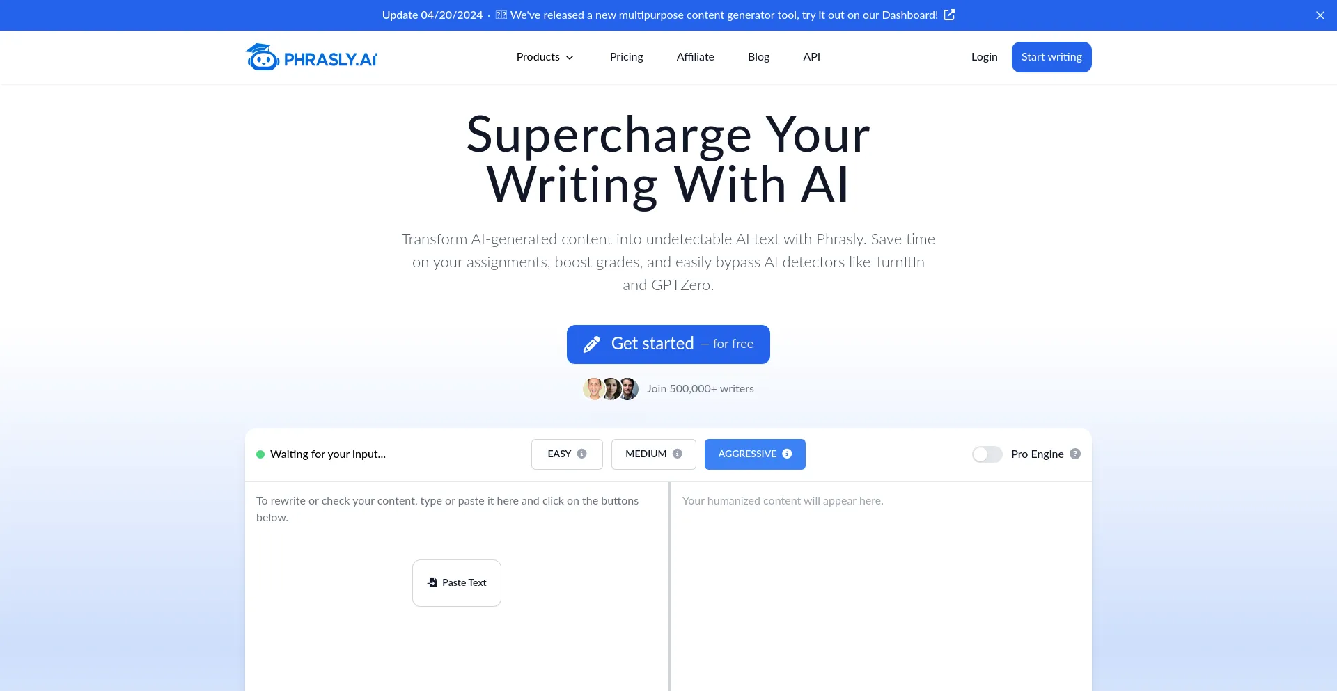 Screenshot of phrasly.ai homepage
