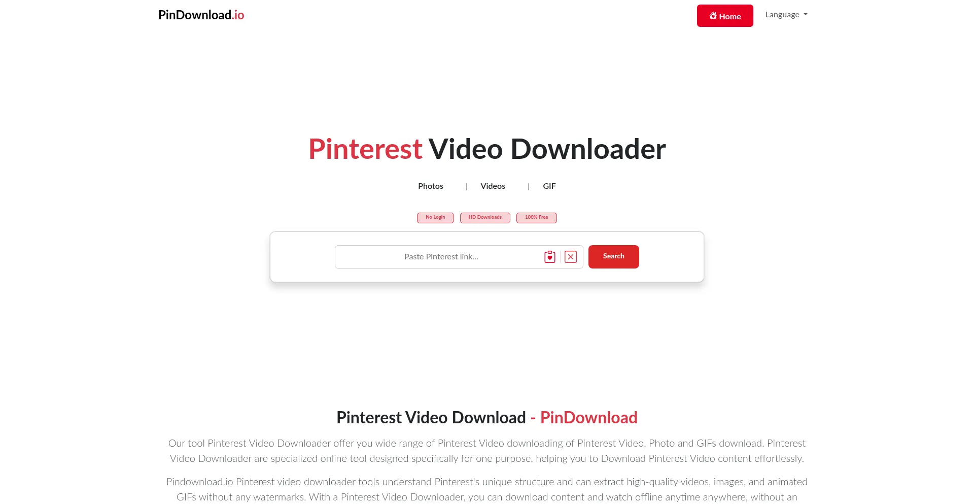 Screenshot of pindownload.io homepage