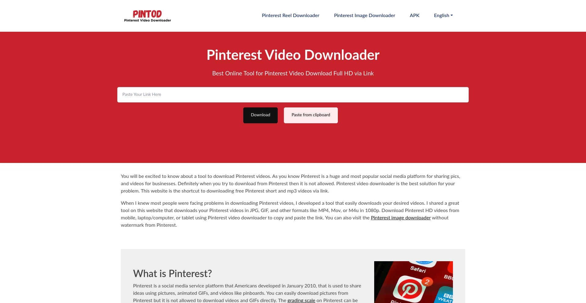 Screenshot of pintod.com homepage
