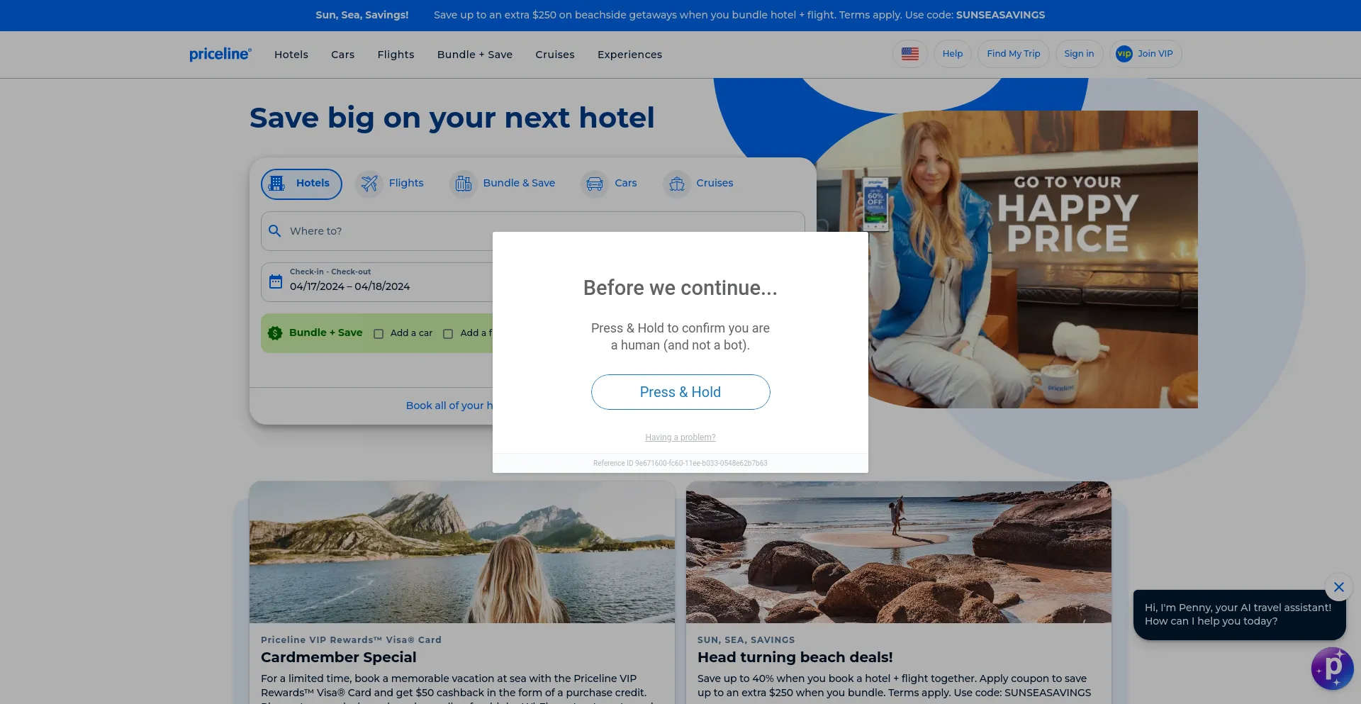 Screenshot of priceline.com homepage
