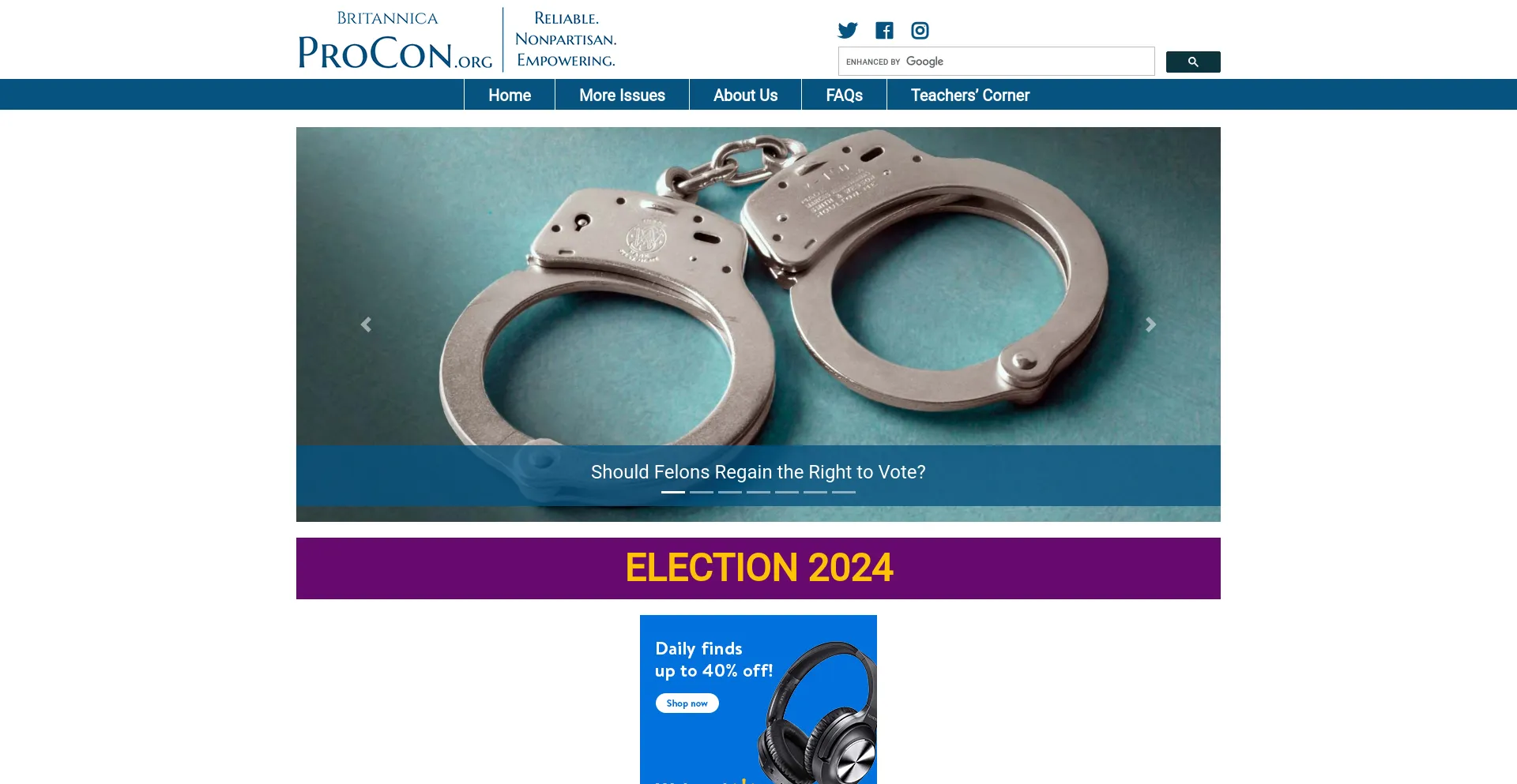 Screenshot of procon.org homepage