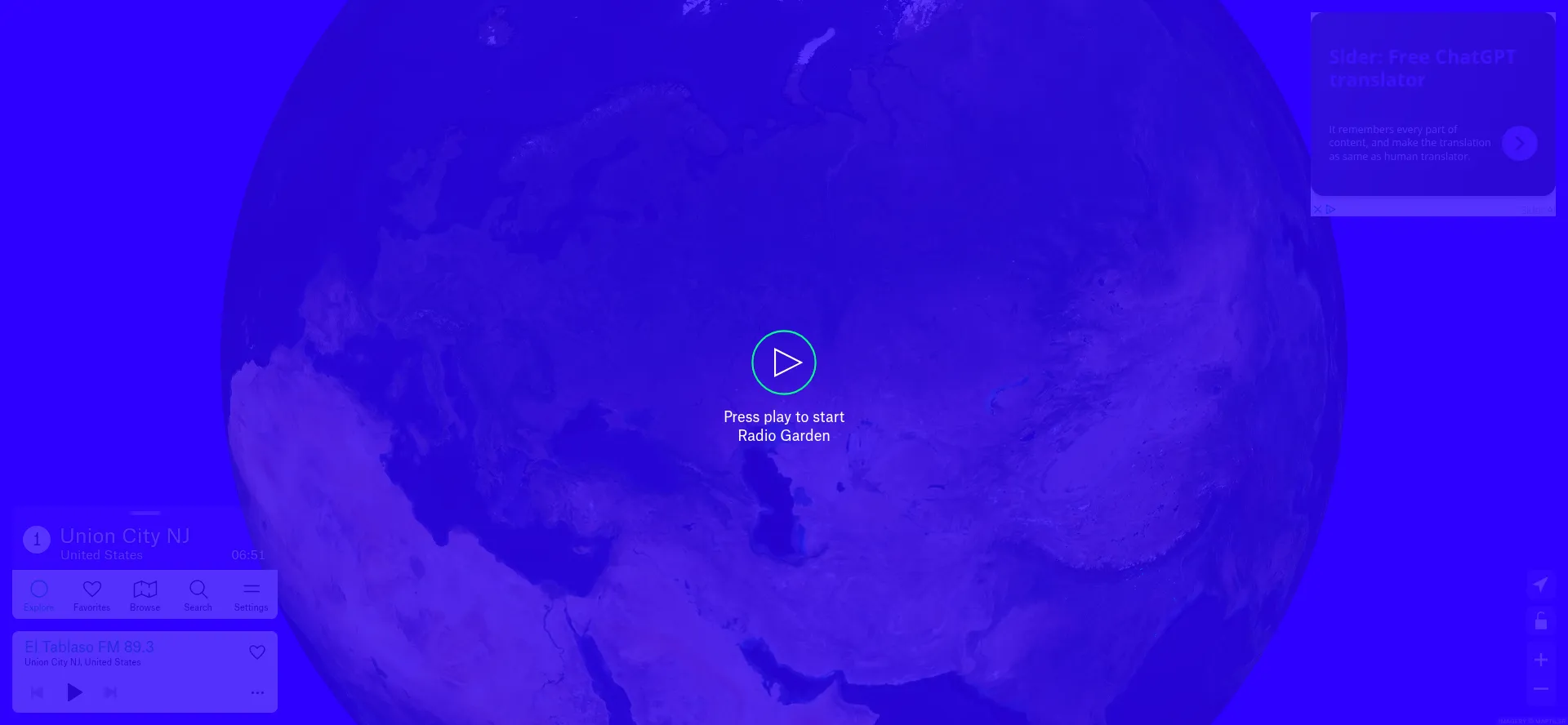 Screenshot of radio.garden homepage