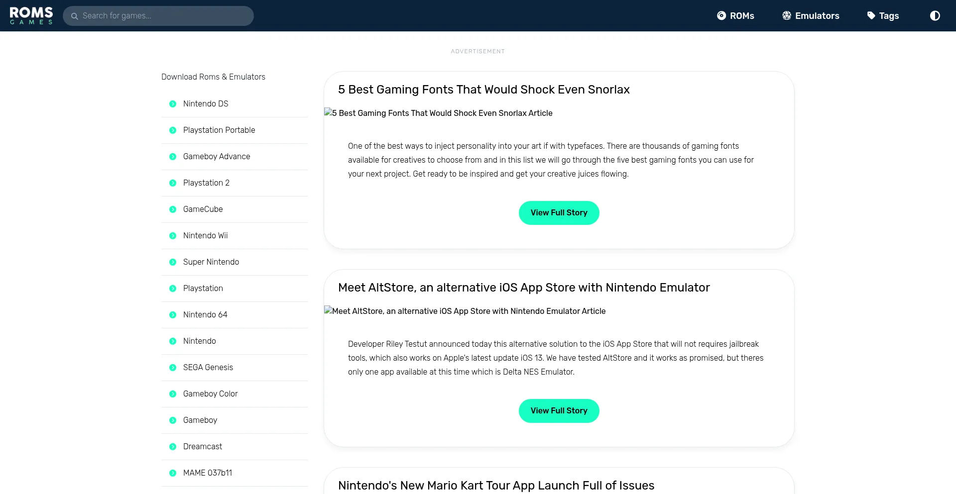 Screenshot of romsgames.net homepage