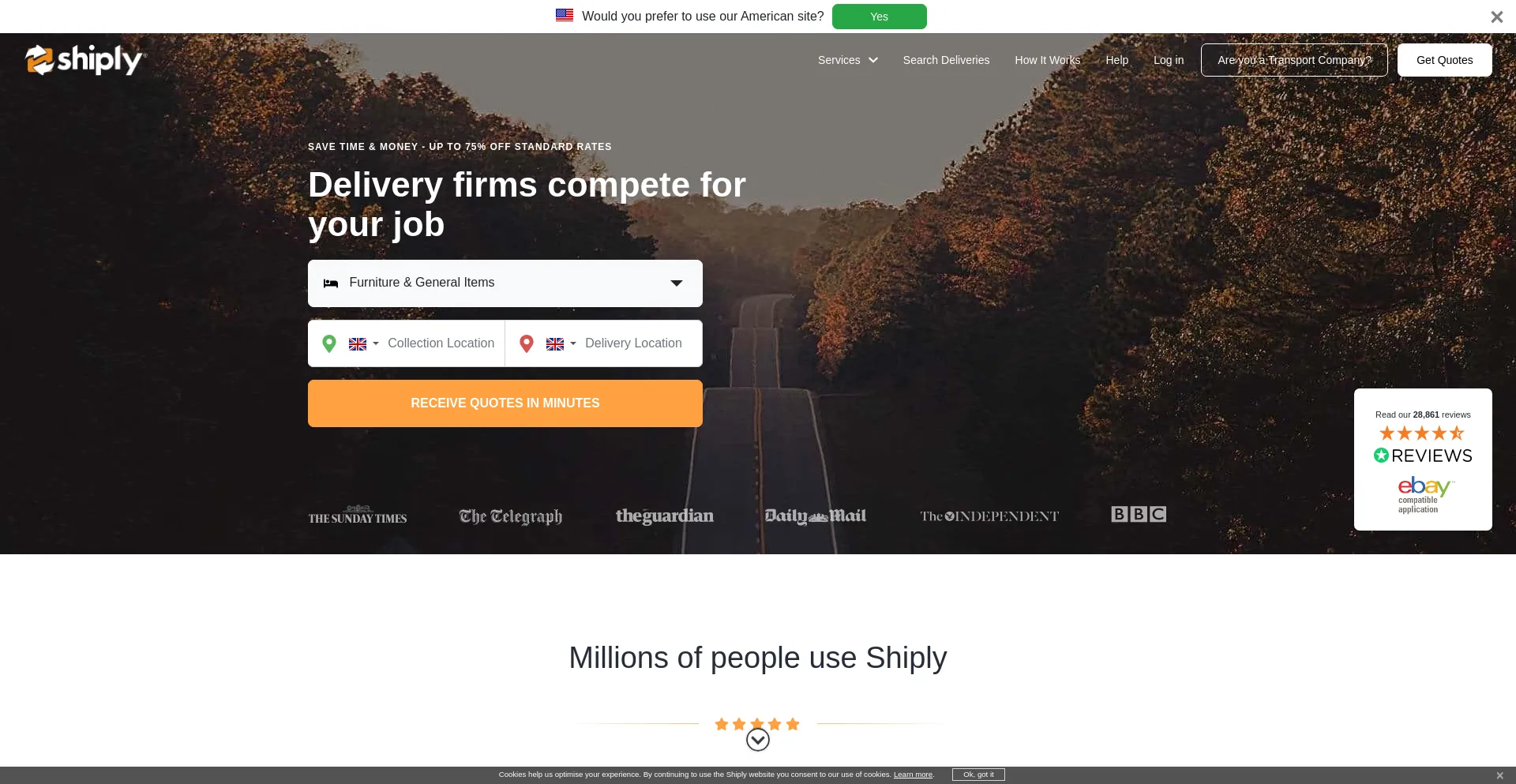 Screenshot of shiply.com homepage