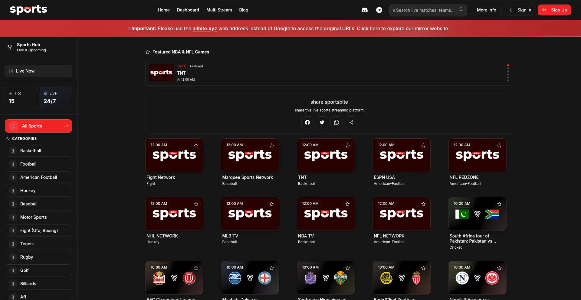 Screenshot of sportsbite.cc homepage