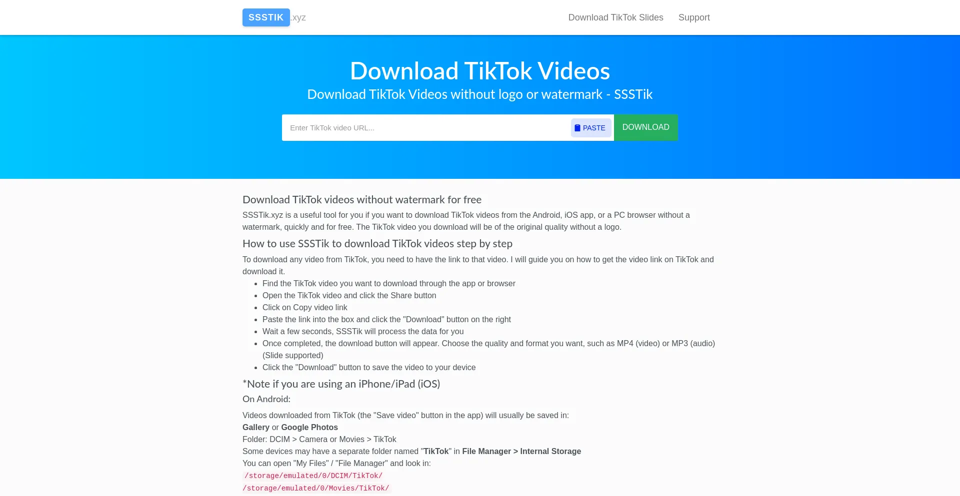 Screenshot of ssstik.xyz homepage