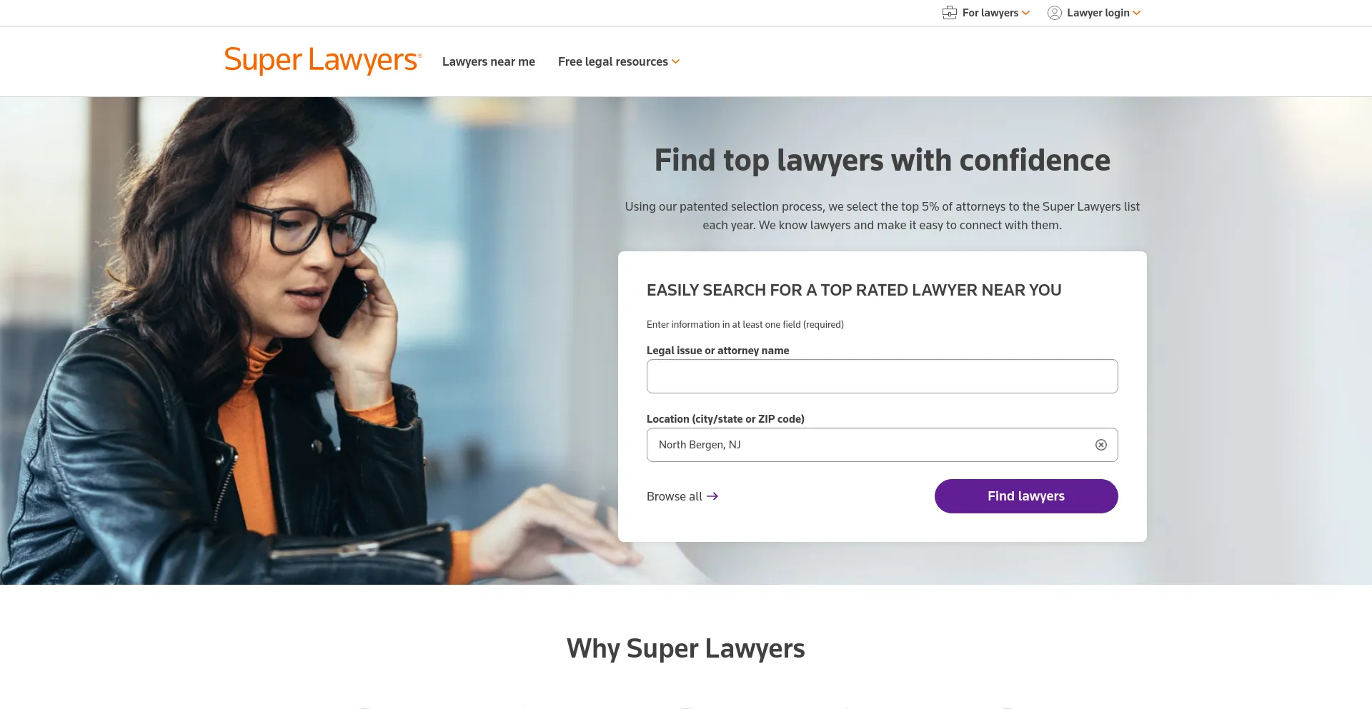 Screenshot of superlawyers.com homepage