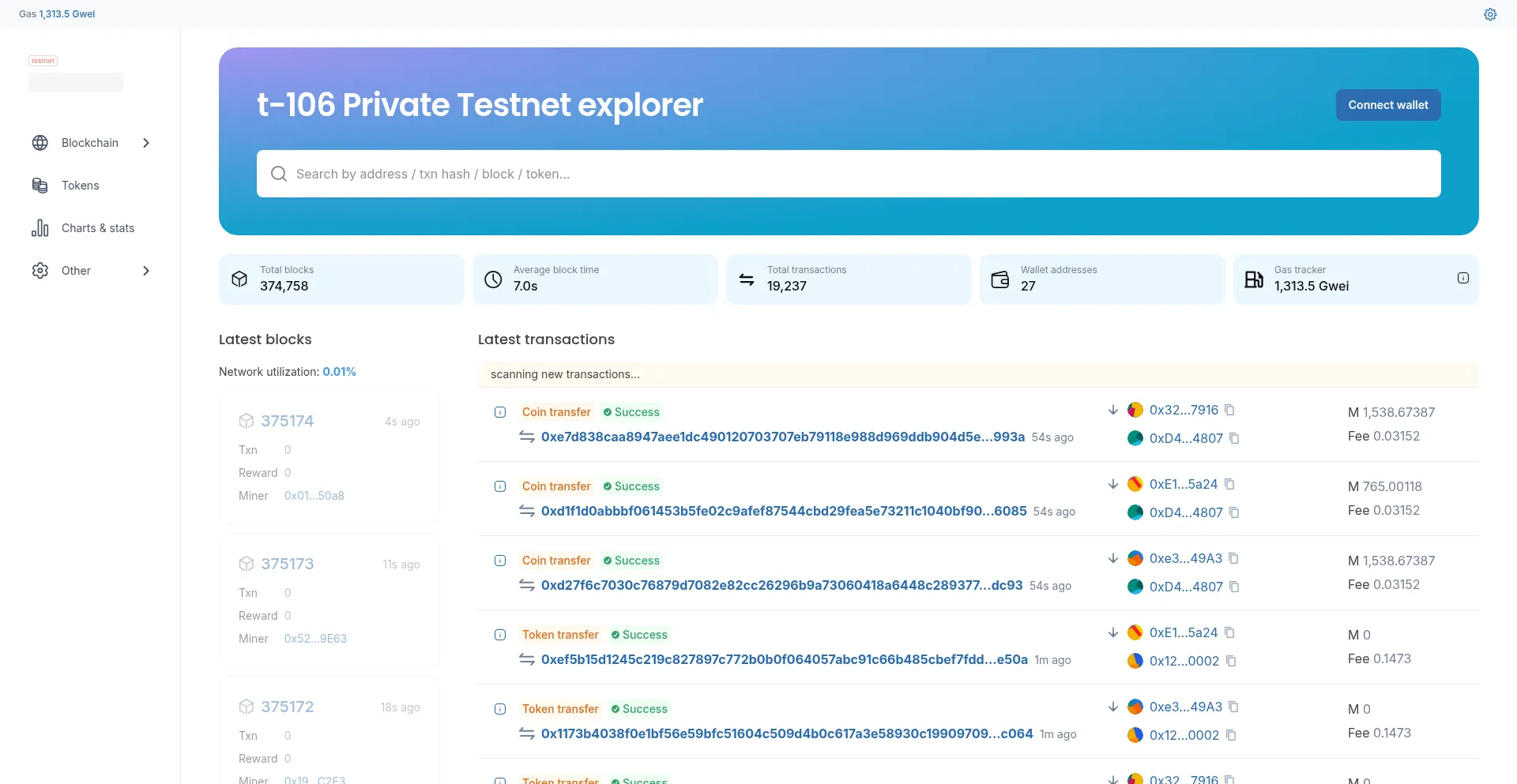 Screenshot of t-106.blockscout.memecore.com homepage