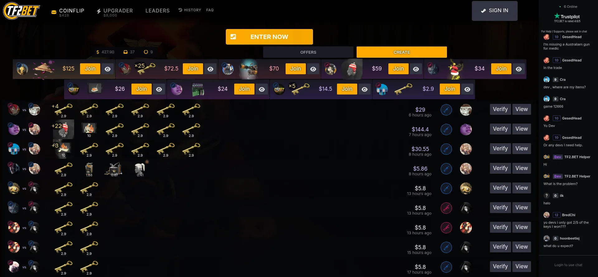 Screenshot of tf2.bet homepage